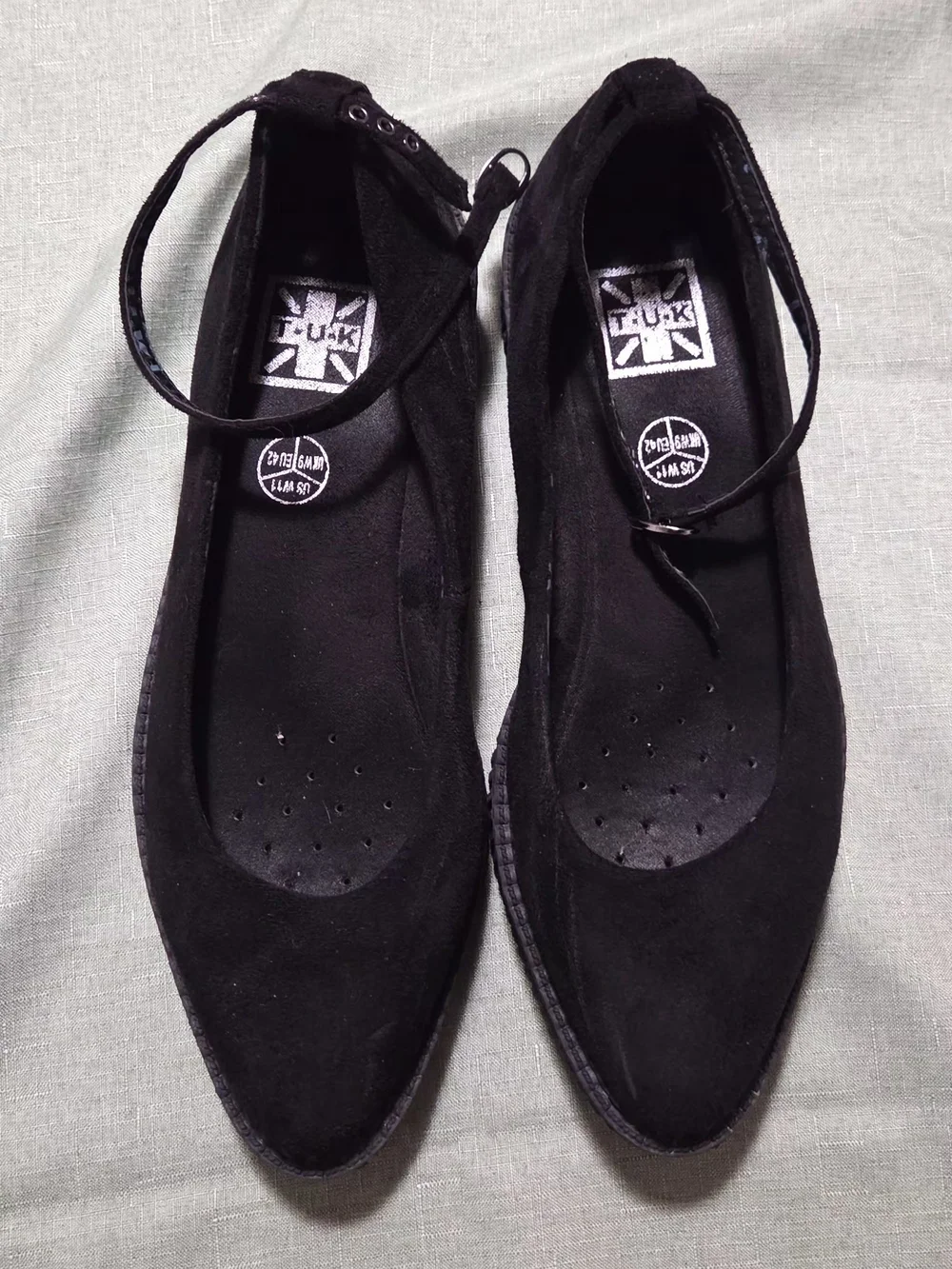 T.U.K Black Suede Pointed Toe Ankle-Strap Flats